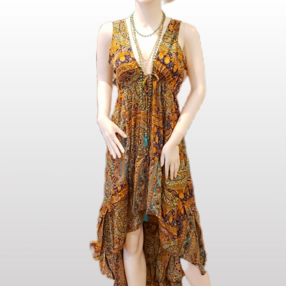 Karma Highway*2 Prints Avail* Silky Hi-Lo Ruffle Hem Sangria Dress OS NEW